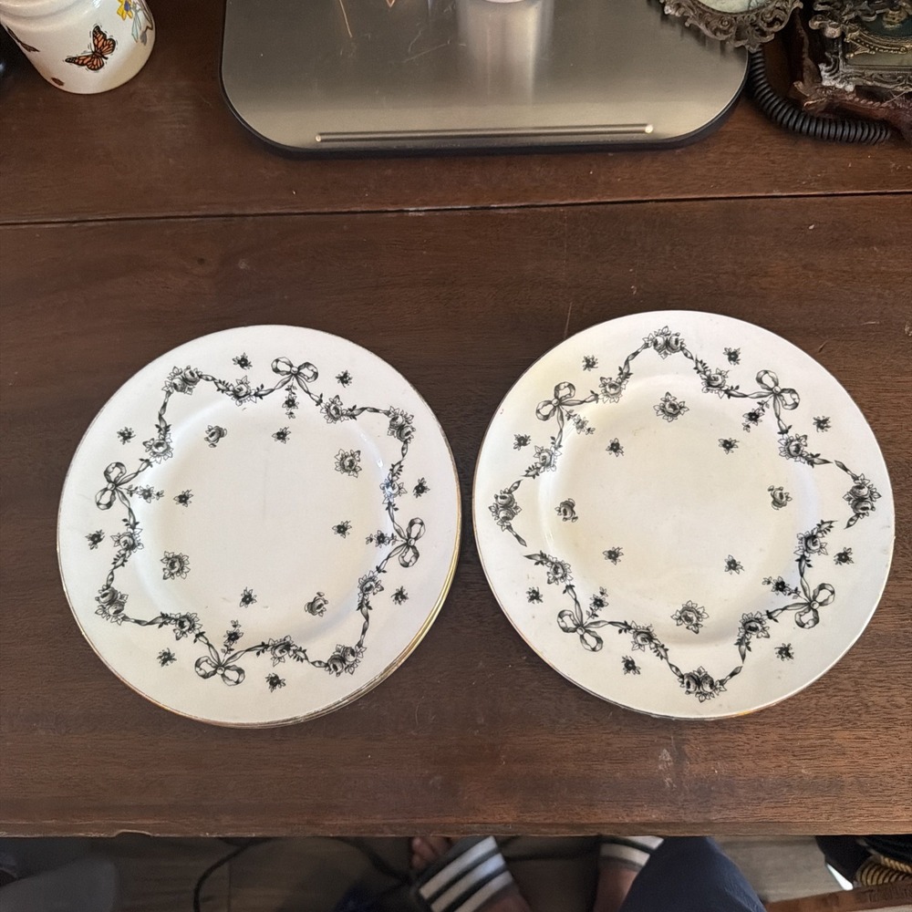 Set of 6 Bread/Salad 8 1/4" Royal Victoria Fine Bone China Black And White Swag